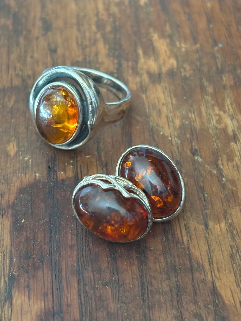 Vintage Valerio V8 Amber Ring & Earrings Set Poland 925 Sterling Silver